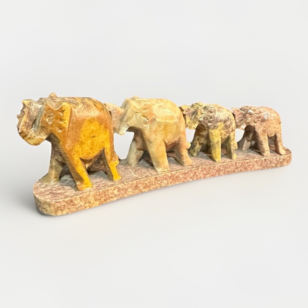 Vintage Indian Solid Carved Soapstone 4 Walking Elephant Incense Holder 6" Long